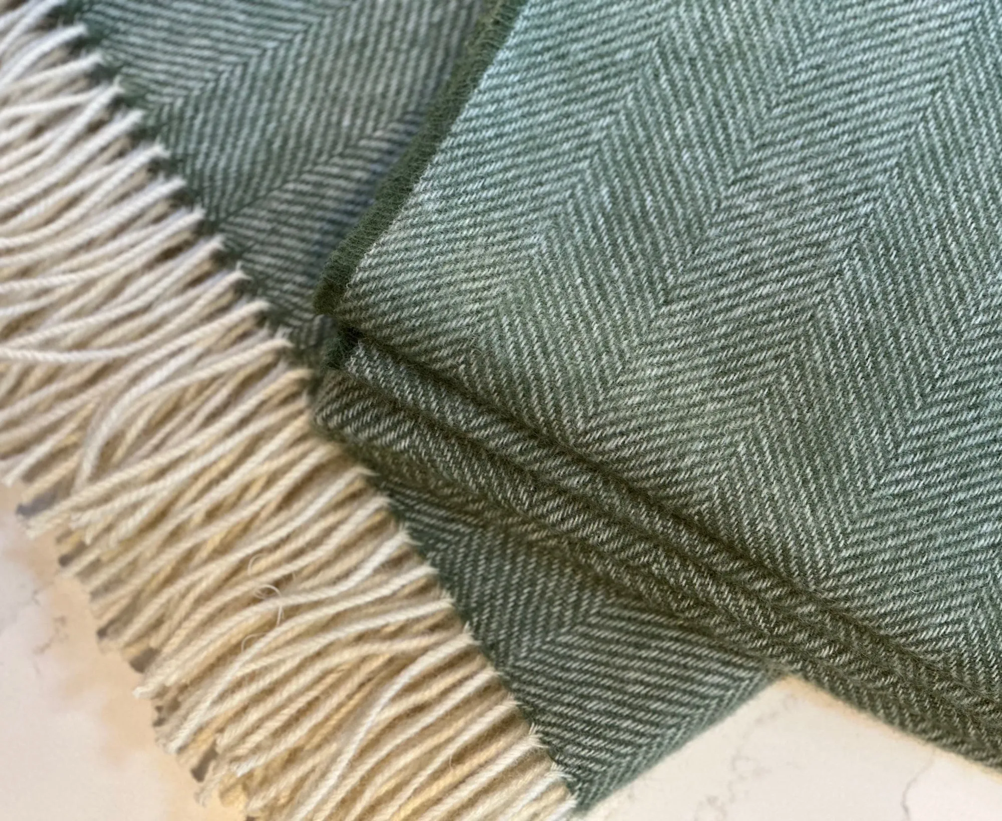 100% Lambswool Herringbone Throw Olive Green