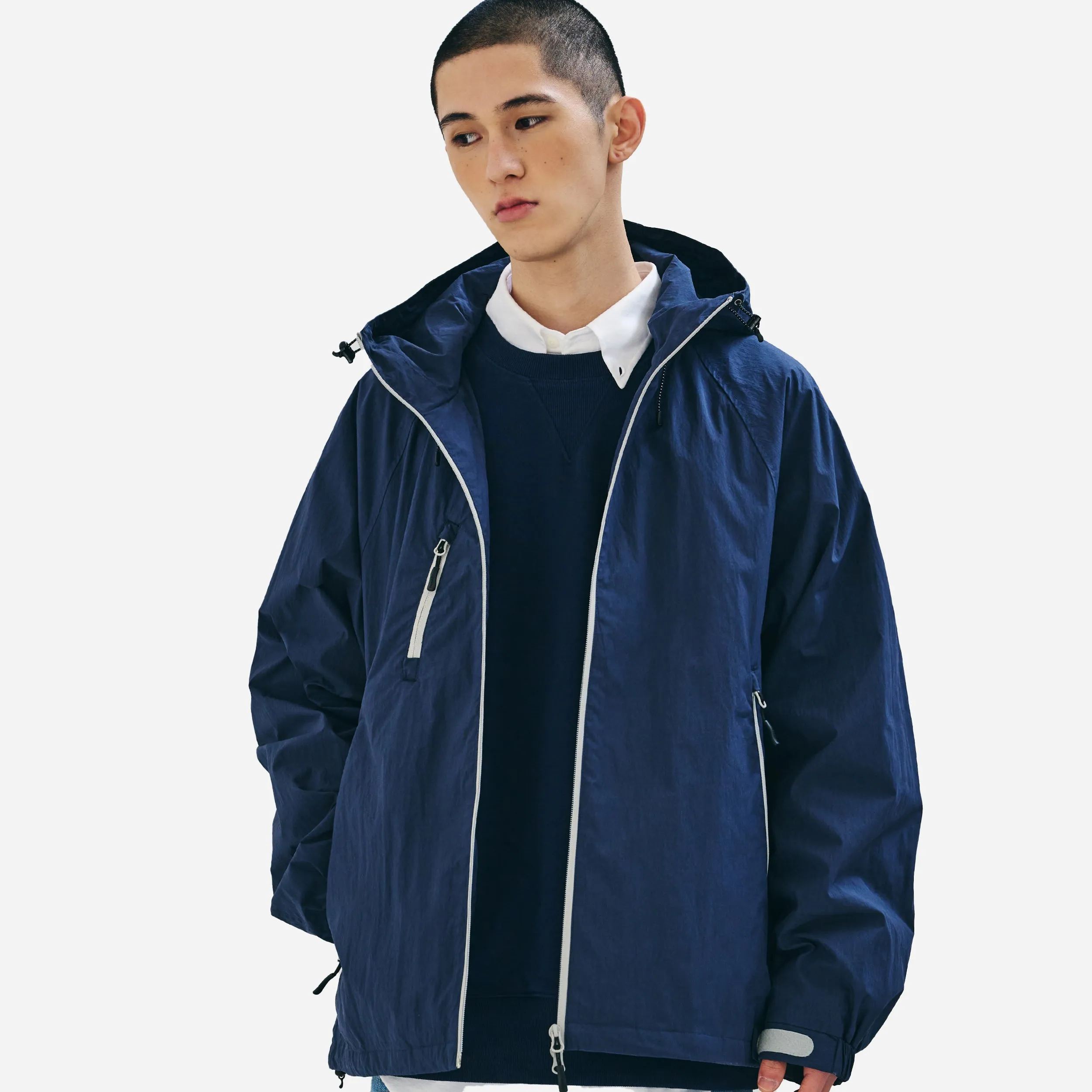 3 POCKET HOODED WIND JACKET - NAVY