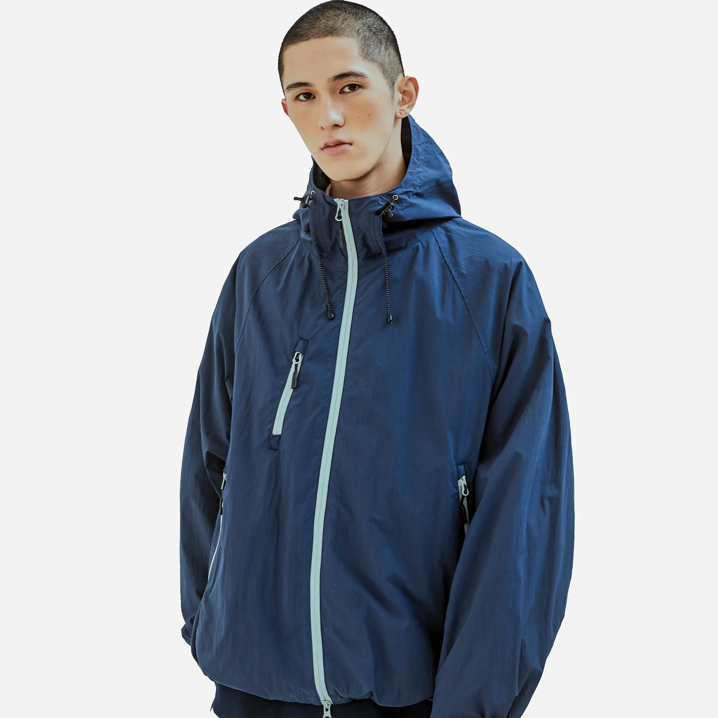 3 POCKET HOODED WIND JACKET - NAVY