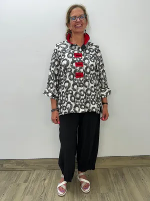 Black and White Pattern Jacket with Red Accent