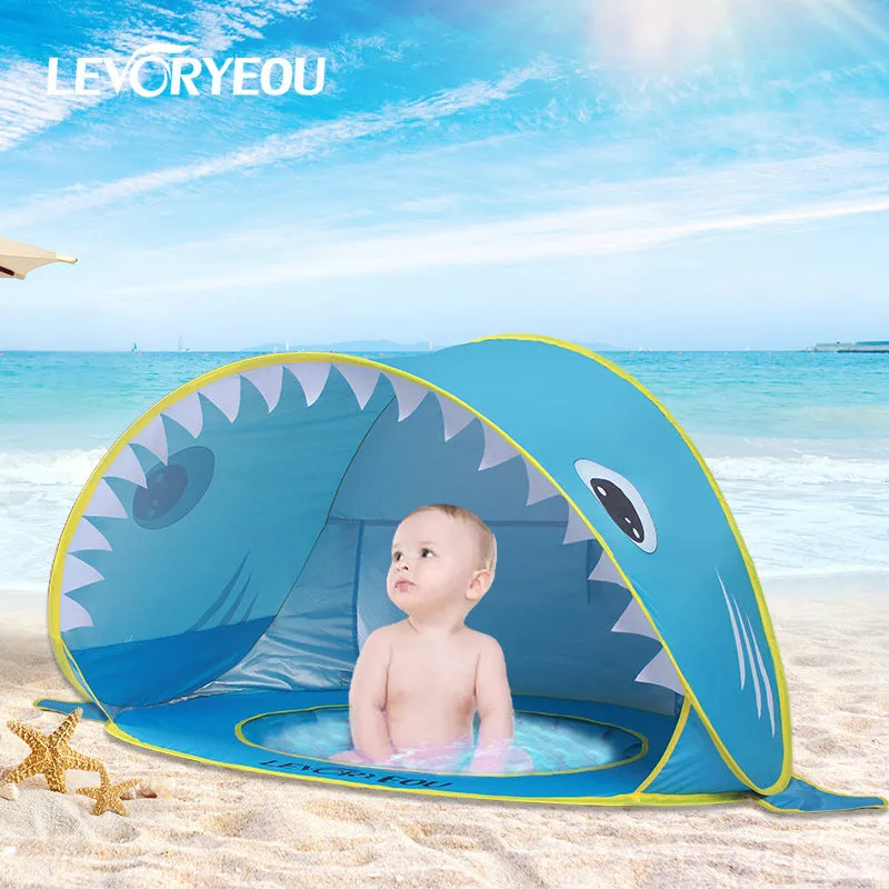 Children's Adorable Shark Beach Sunshade Tent, Fully Automatic Quick Setup, Easy Portable, Parent-Child Seaside Rest and Play House with Small Pool