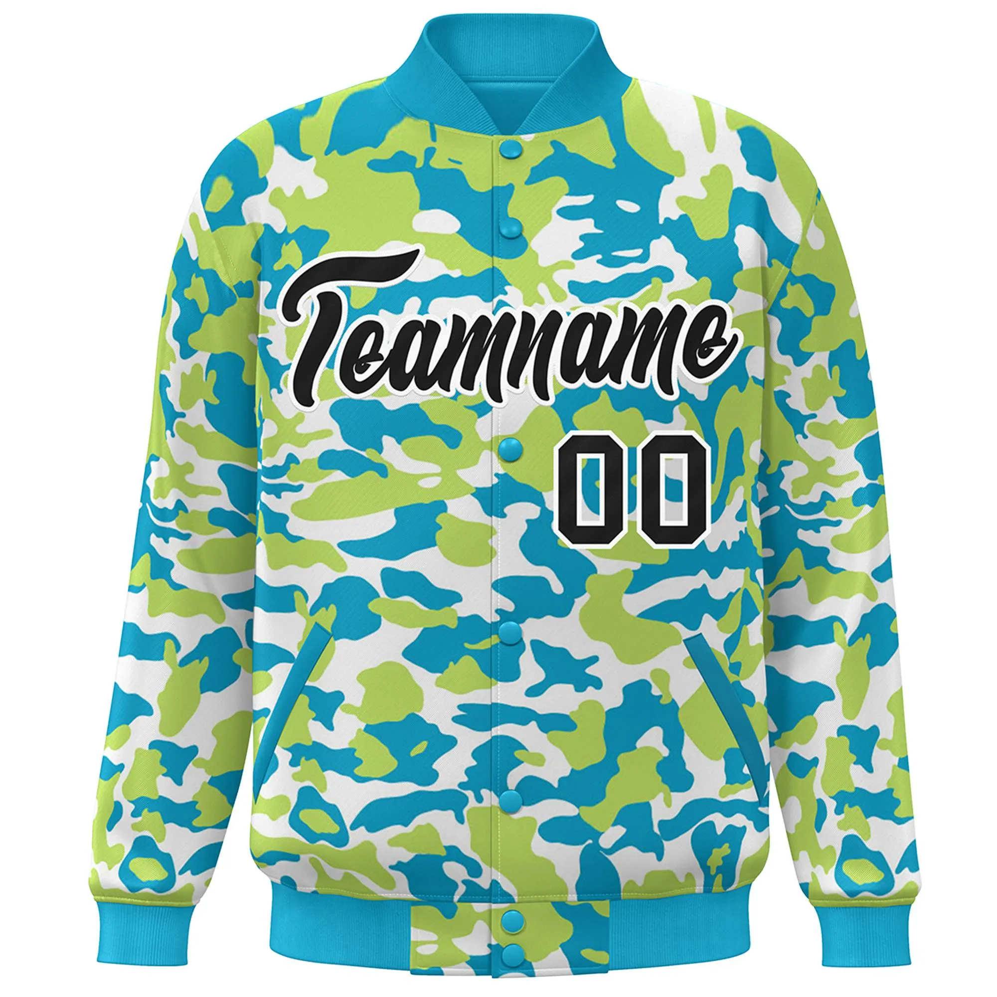 Custom Aqua Black-White Camo Varsity Full-Snap Letterman Bomber Jacket