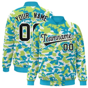 Custom Aqua Black-White Camo Varsity Full-Snap Letterman Bomber Jacket