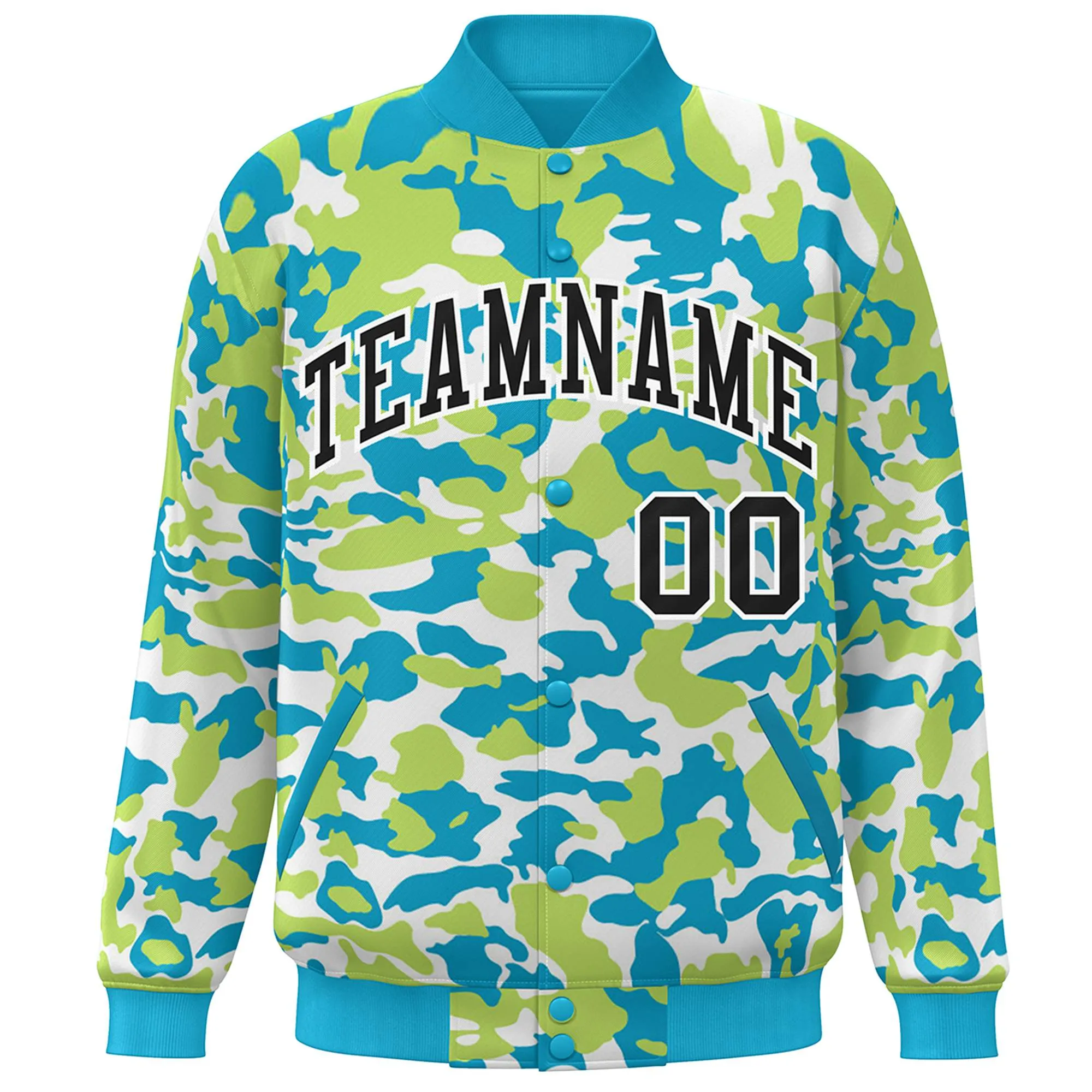 Custom Aqua Black-White Camo Varsity Full-Snap Letterman Bomber Jacket