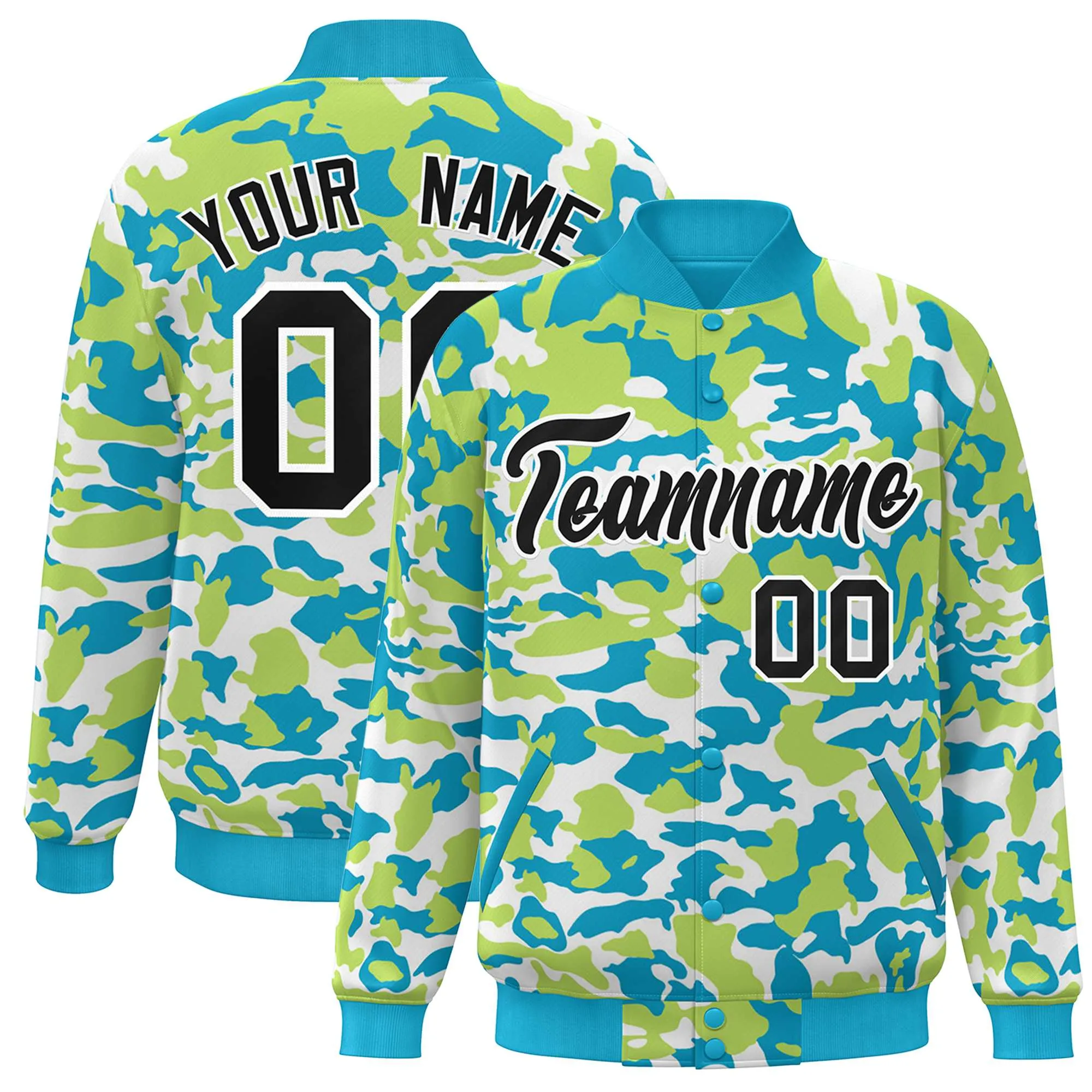 Custom Aqua Black-White Camo Varsity Full-Snap Letterman Bomber Jacket