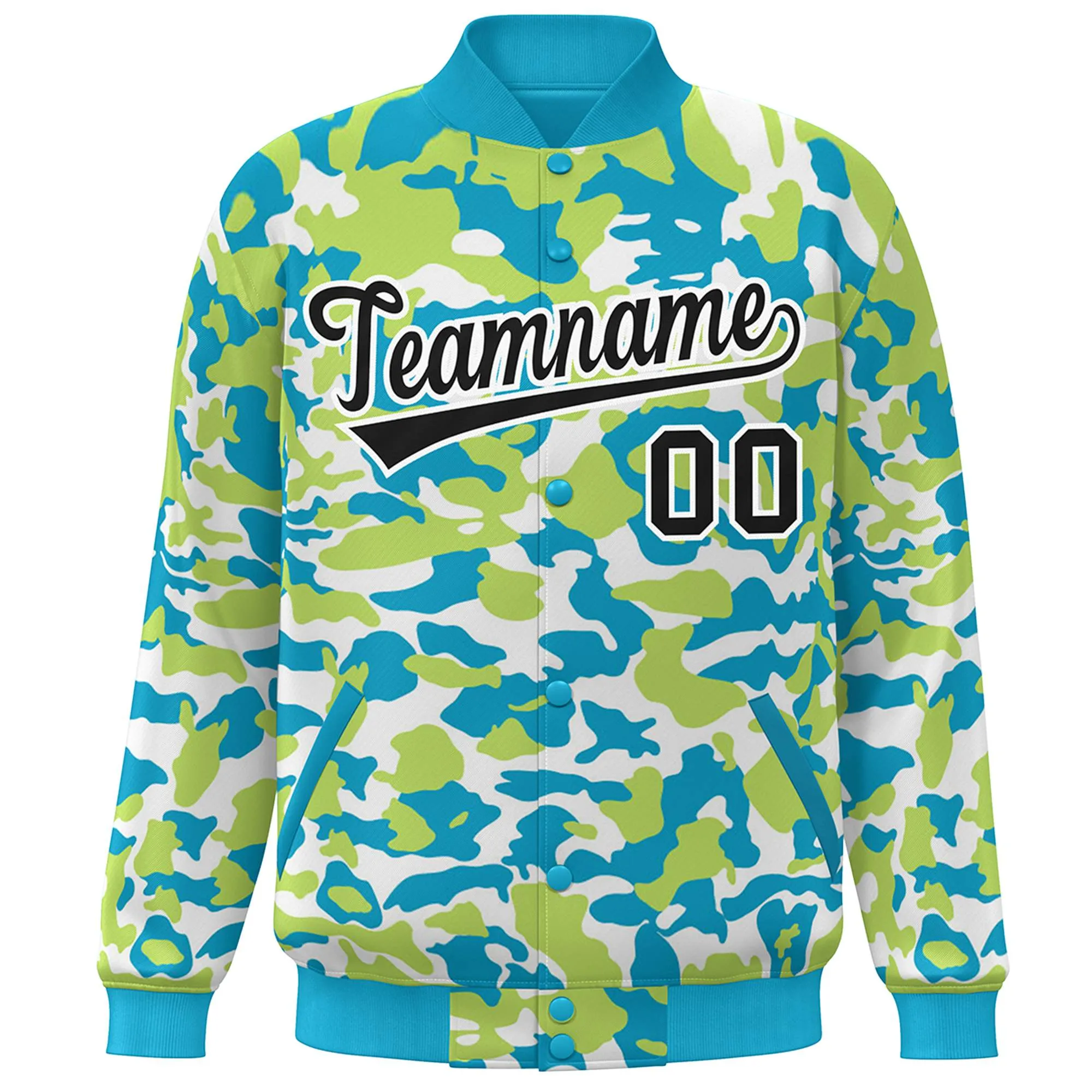 Custom Aqua Black-White Camo Varsity Full-Snap Letterman Bomber Jacket