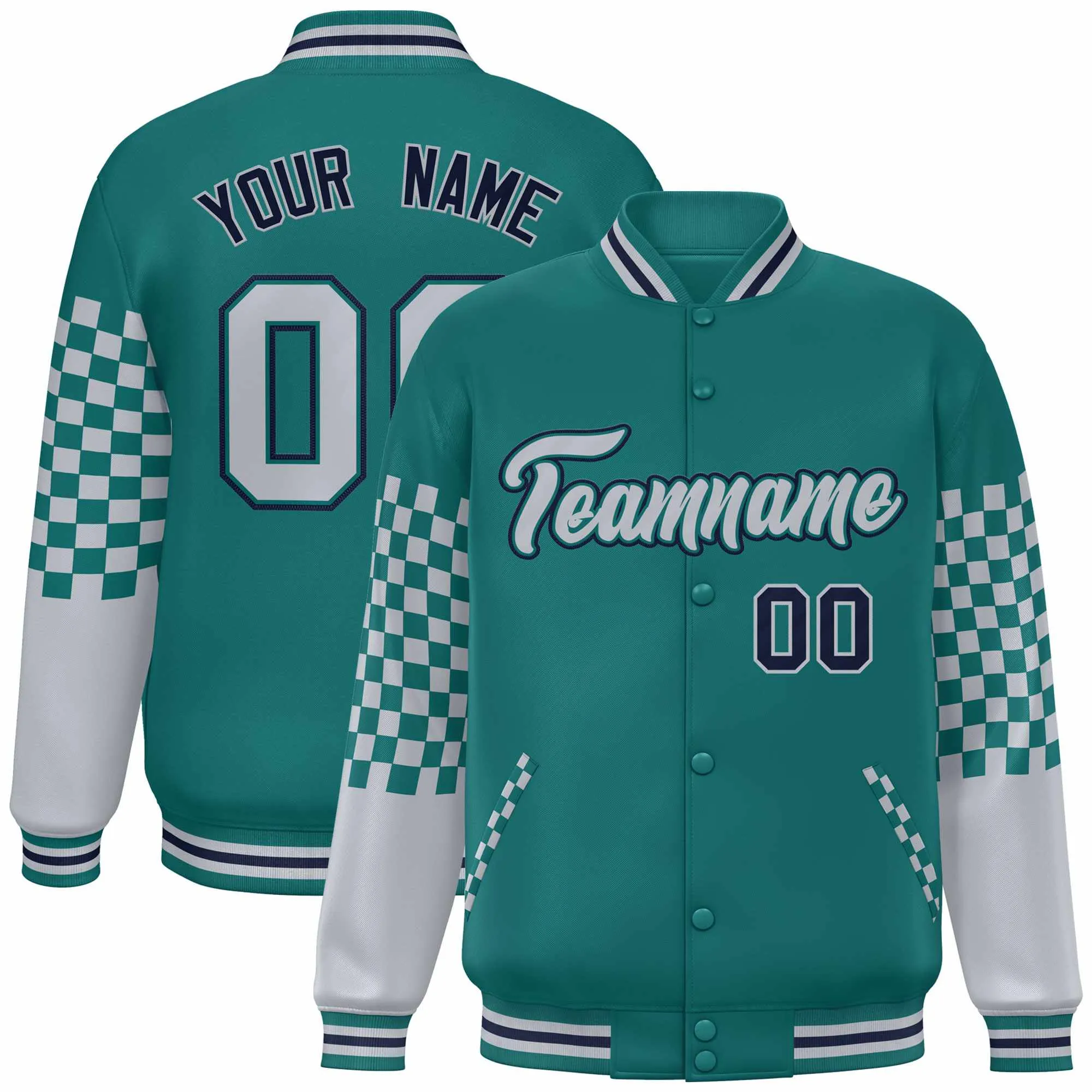 Custom Aqua Gray-Navy Checkered Pattern Color Block Bomber Varsity Jacket