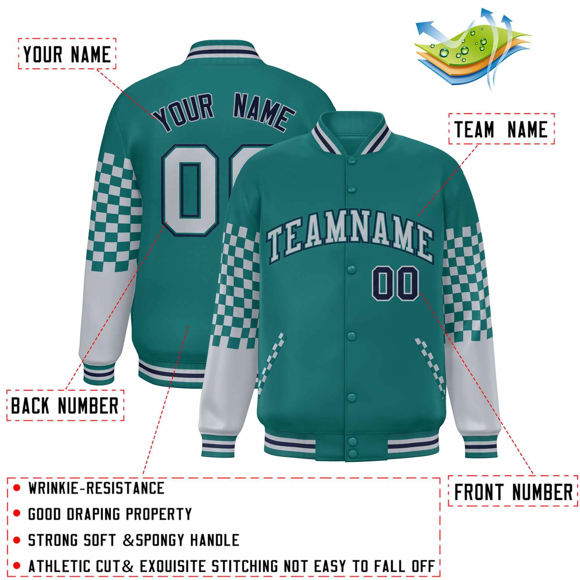 Custom Aqua Gray-Navy Checkered Pattern Color Block Bomber Varsity Jacket