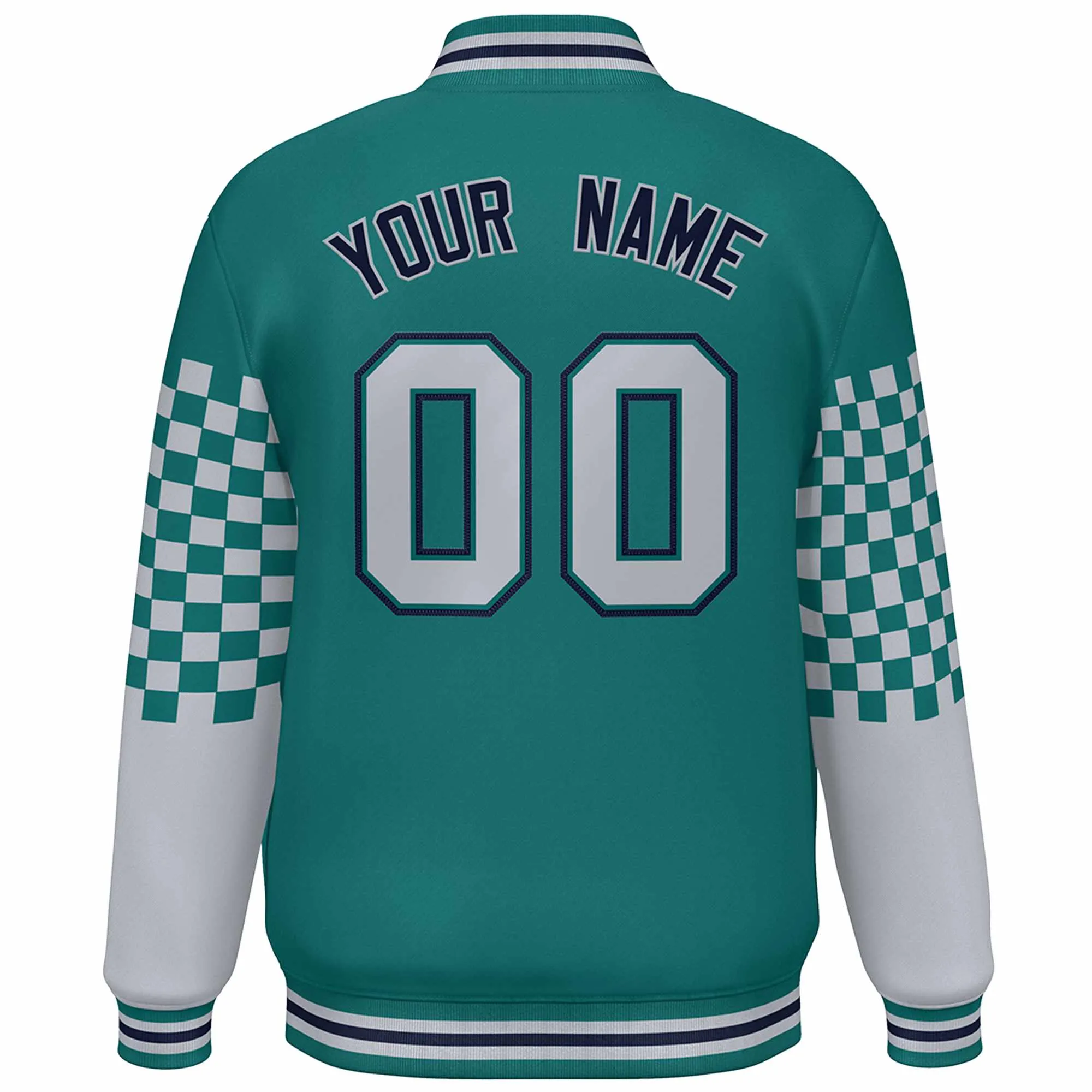 Custom Aqua Gray-Navy Checkered Pattern Color Block Bomber Varsity Jacket