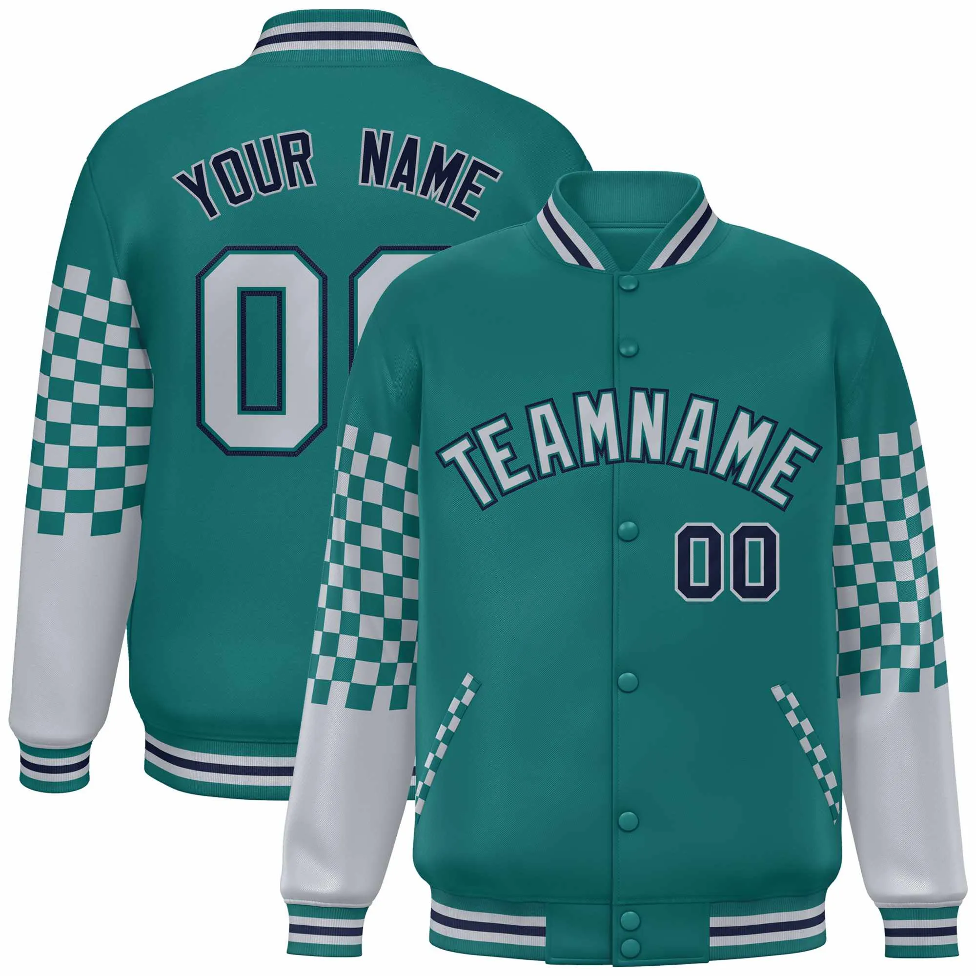 Custom Aqua Gray-Navy Checkered Pattern Color Block Bomber Varsity Jacket