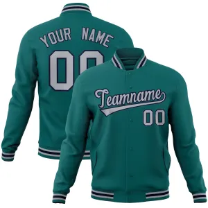 Custom Aqua Gray-Navy Classic Style Varsity Full-Snap Letterman Jacket