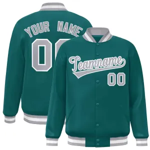 Custom Aqua Gray-White Classic Style Varsity Full-Snap Letterman Jacket