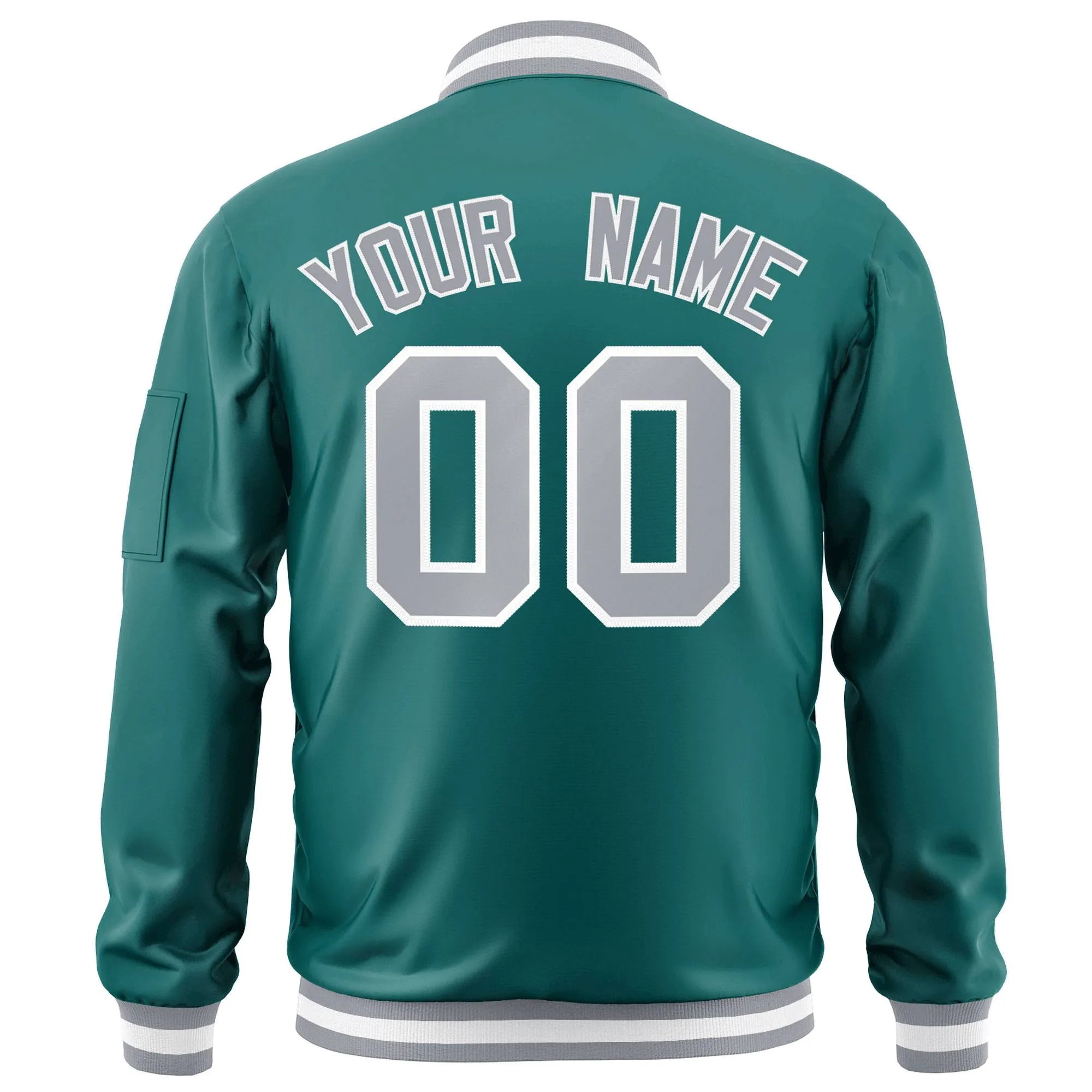 Custom Aqua Gray-White Varsity Full-Zip Letterman Bomber Jacket