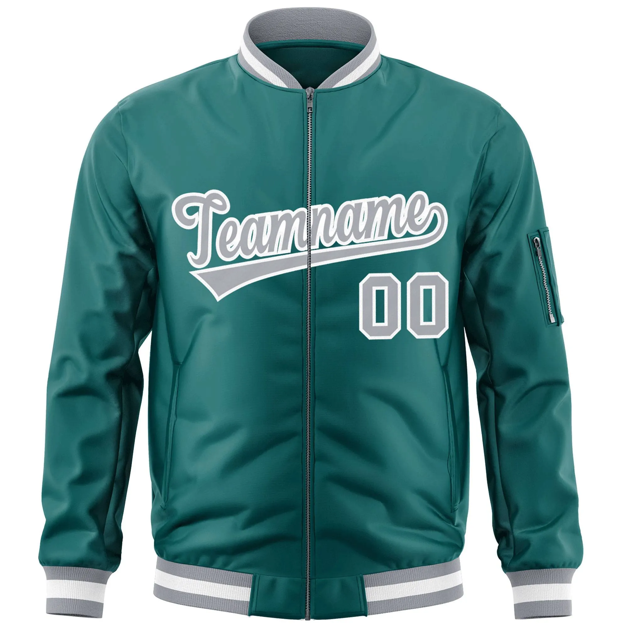 Custom Aqua Gray-White Varsity Full-Zip Letterman Bomber Jacket