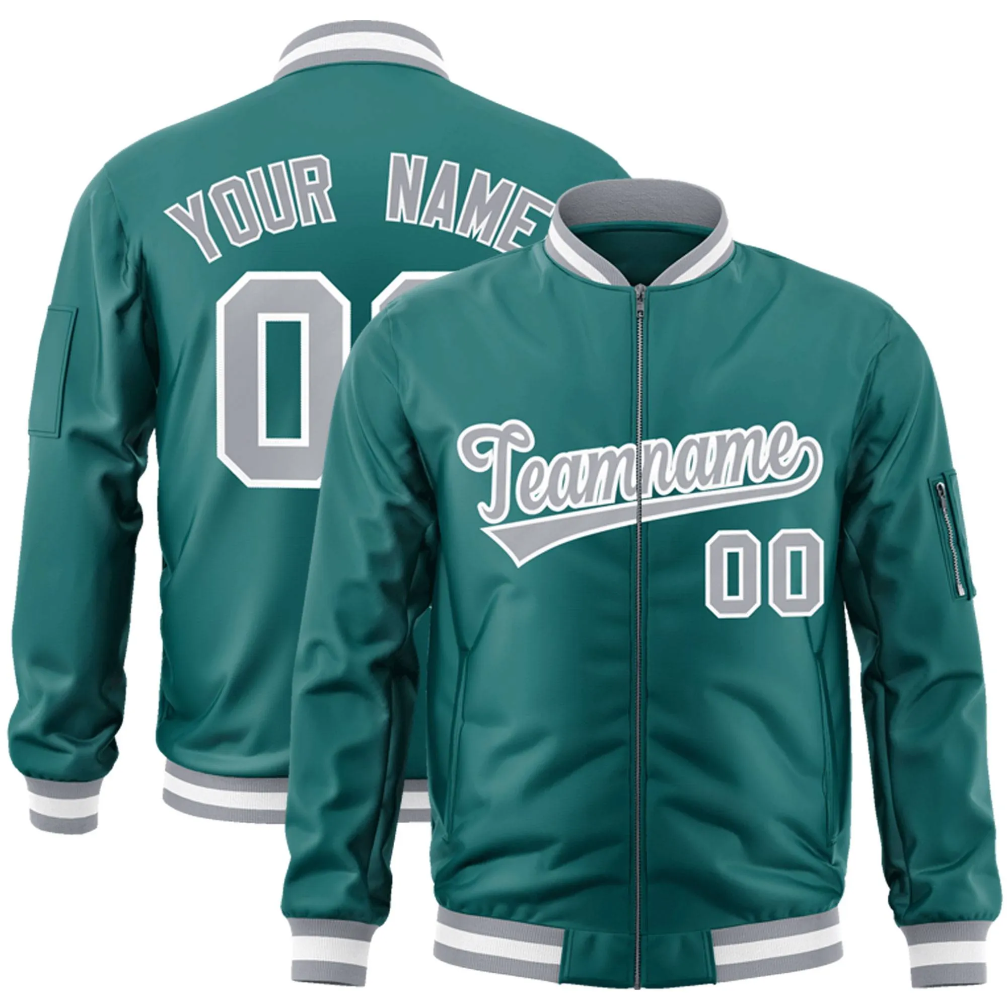 Custom Aqua Gray-White Varsity Full-Zip Letterman Bomber Jacket