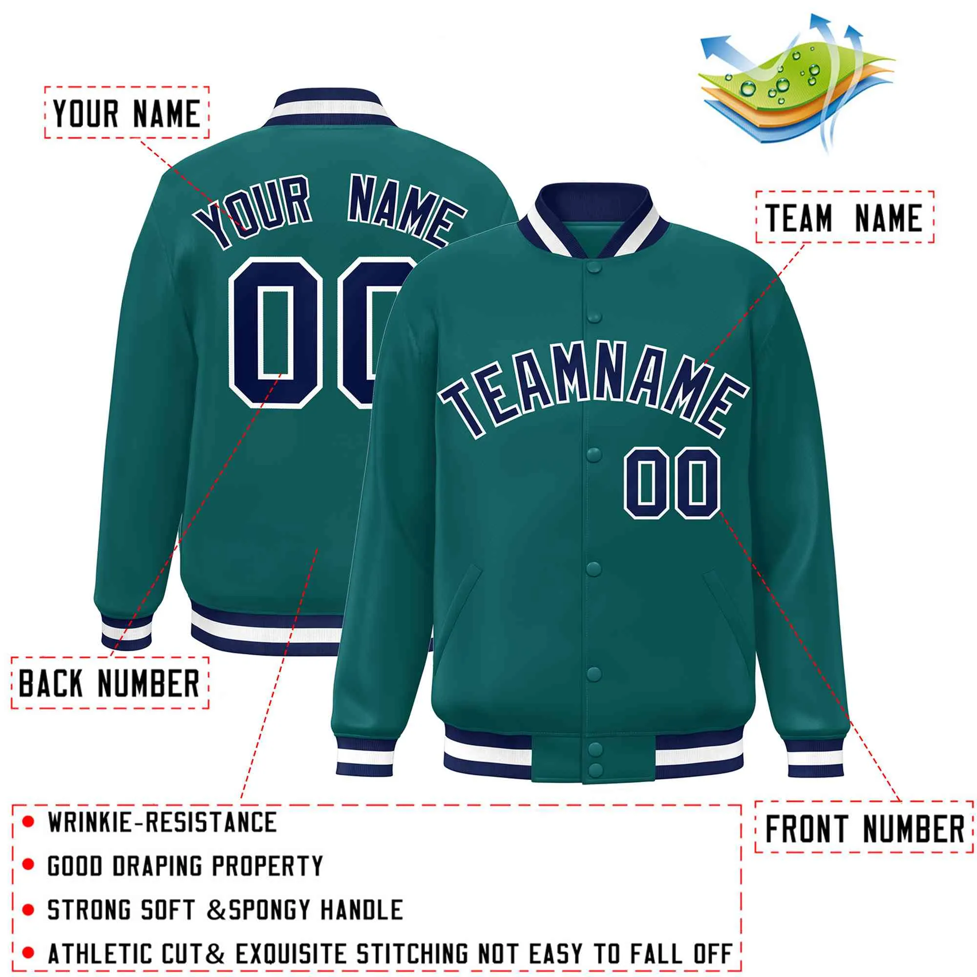 Custom Aqua Navy-White Classic Style Varsity Full-Snap Letterman Jacket