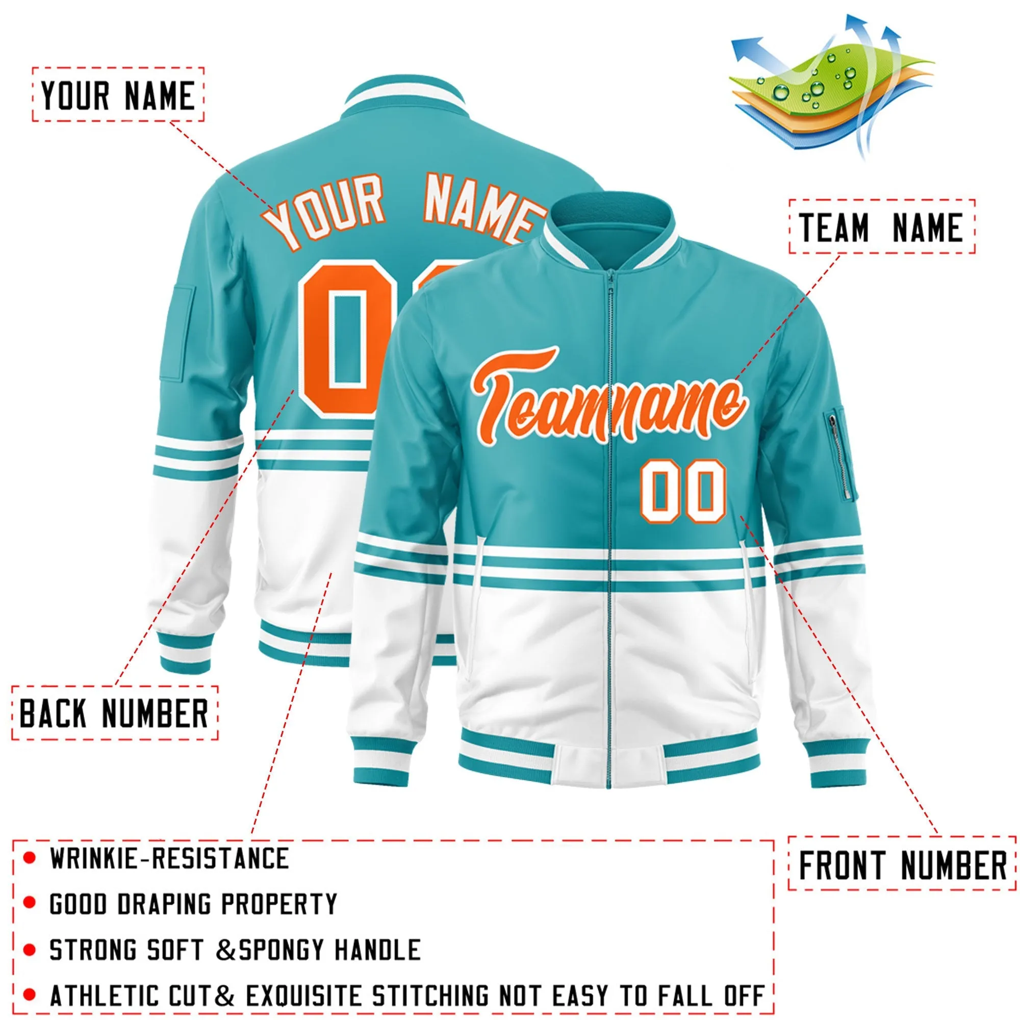 Custom Aqua Orange-White Varsity Full-Zip Color Block Letterman Bomber Jacket