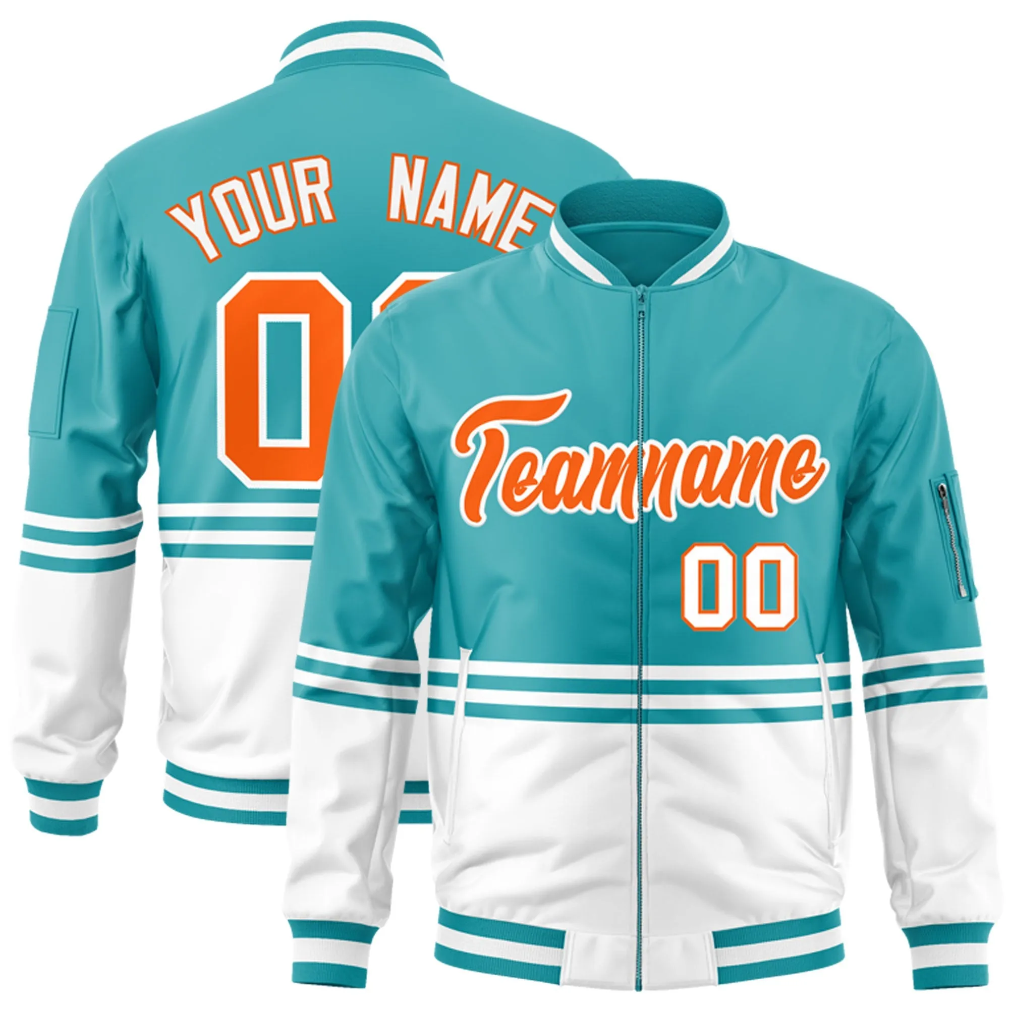 Custom Aqua Orange-White Varsity Full-Zip Color Block Letterman Bomber Jacket