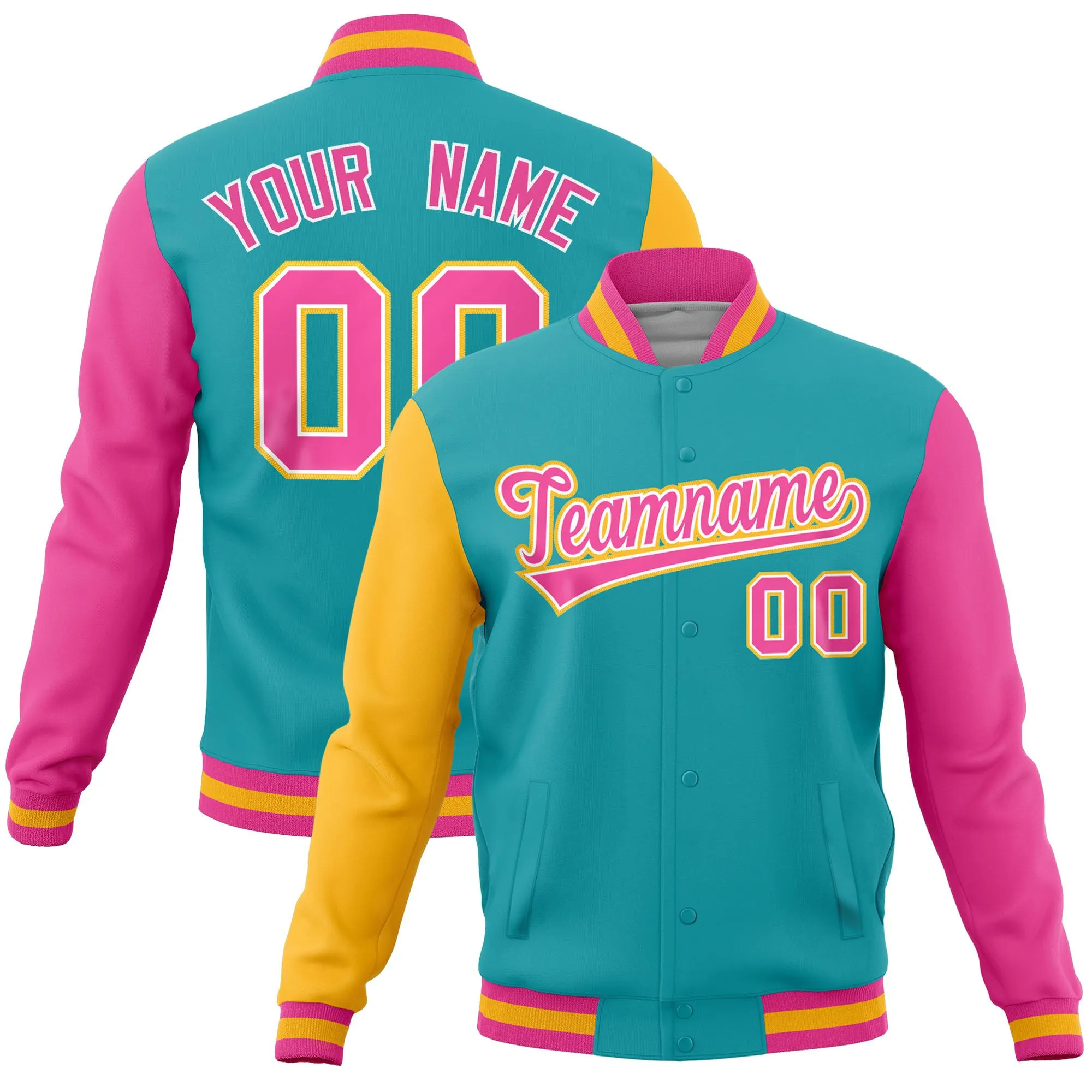 Custom Aqua Pink-Gold Raglan Sleeves Varsity Full-Snap Letterman Jacket