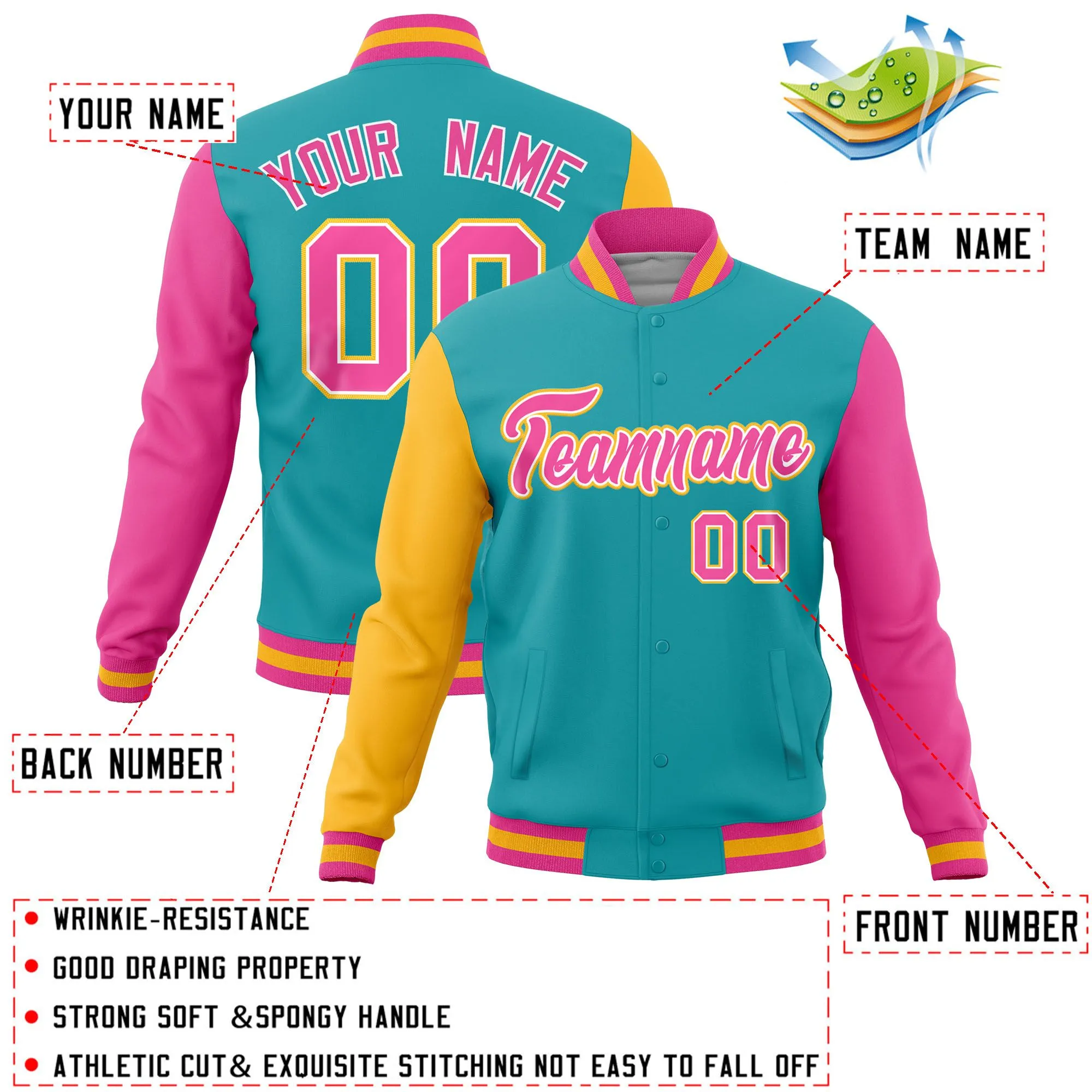 Custom Aqua Pink-Gold Raglan Sleeves Varsity Full-Snap Letterman Jacket