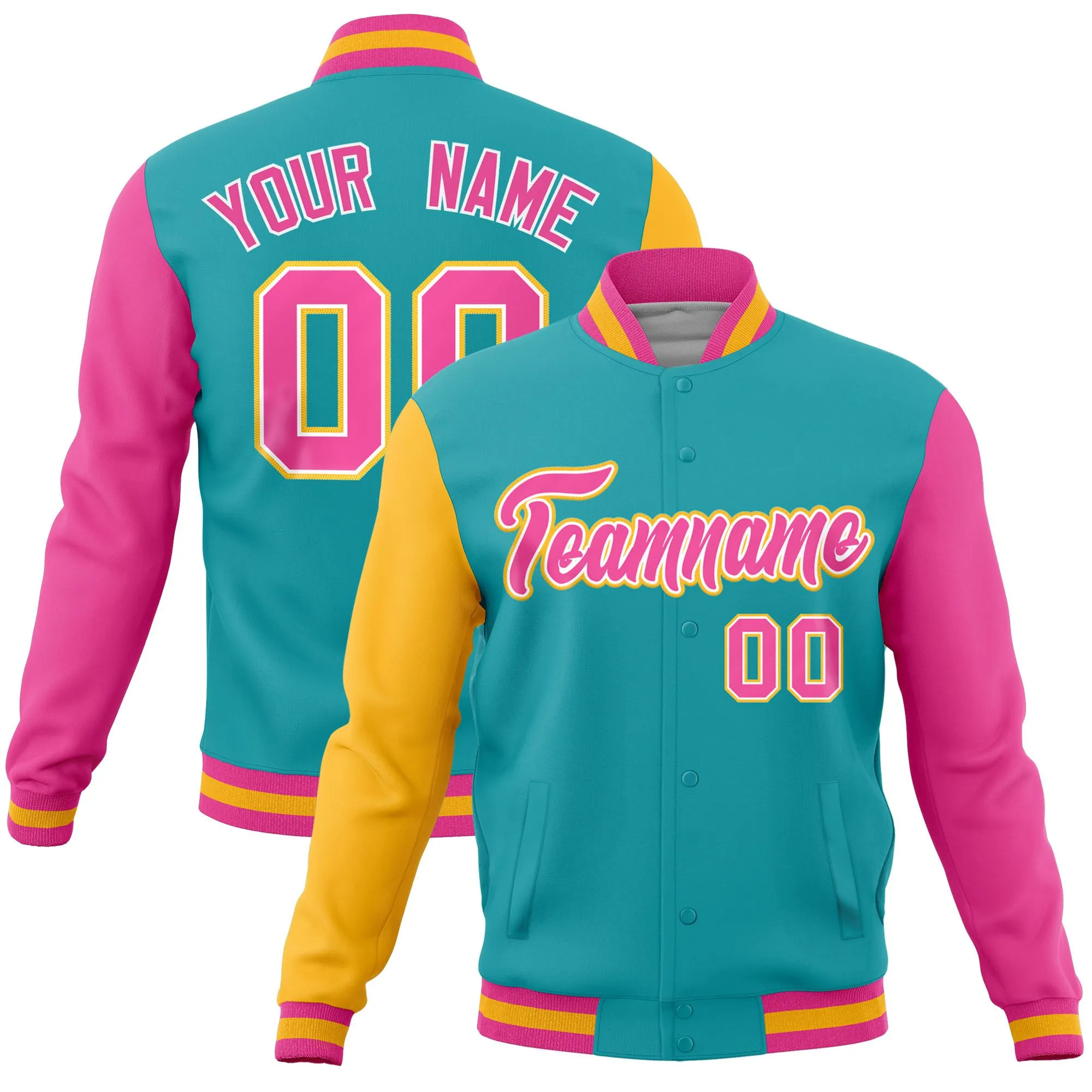 Custom Aqua Pink-Gold Raglan Sleeves Varsity Full-Snap Letterman Jacket