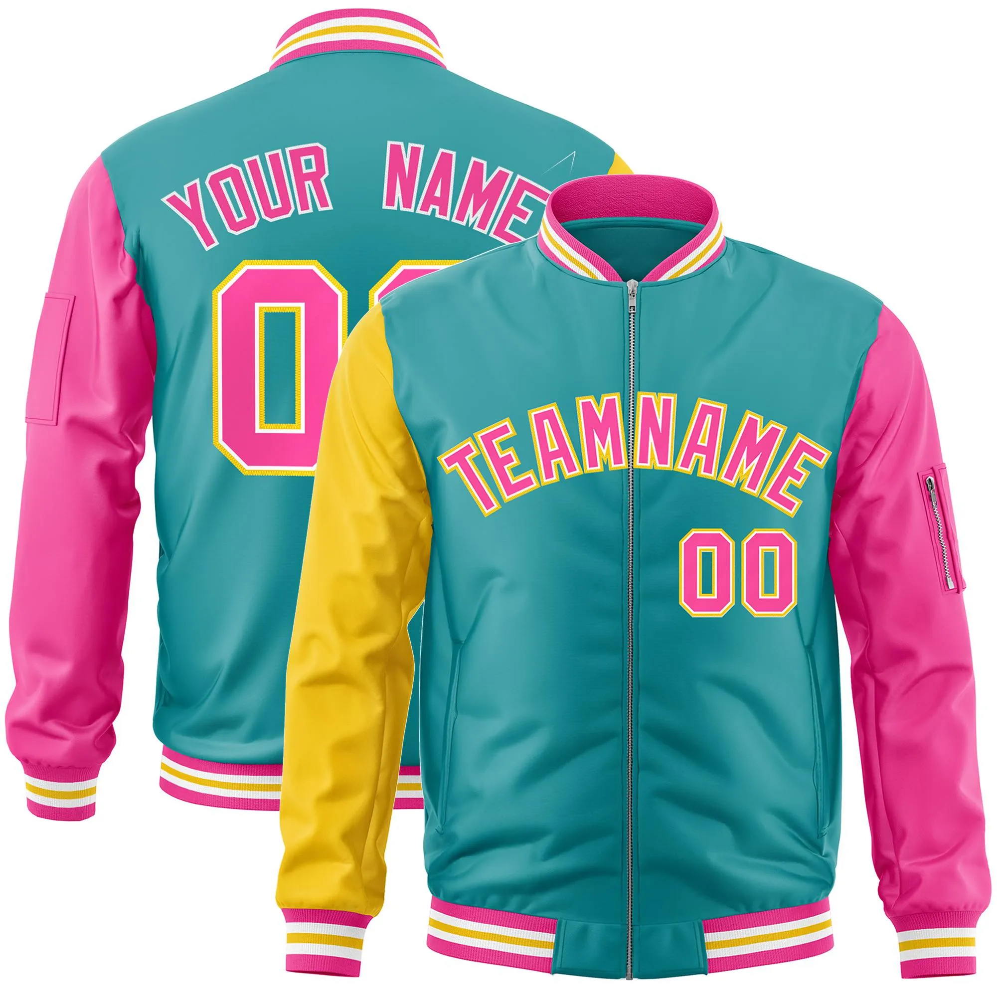 Custom Aqua Pink-Gold Varsity Full-Zip Raglan Sleeves Letterman Bomber Jacket