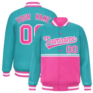 Custom Aqua Pink Varsity Full-Snap Color Block Letterman Jacket