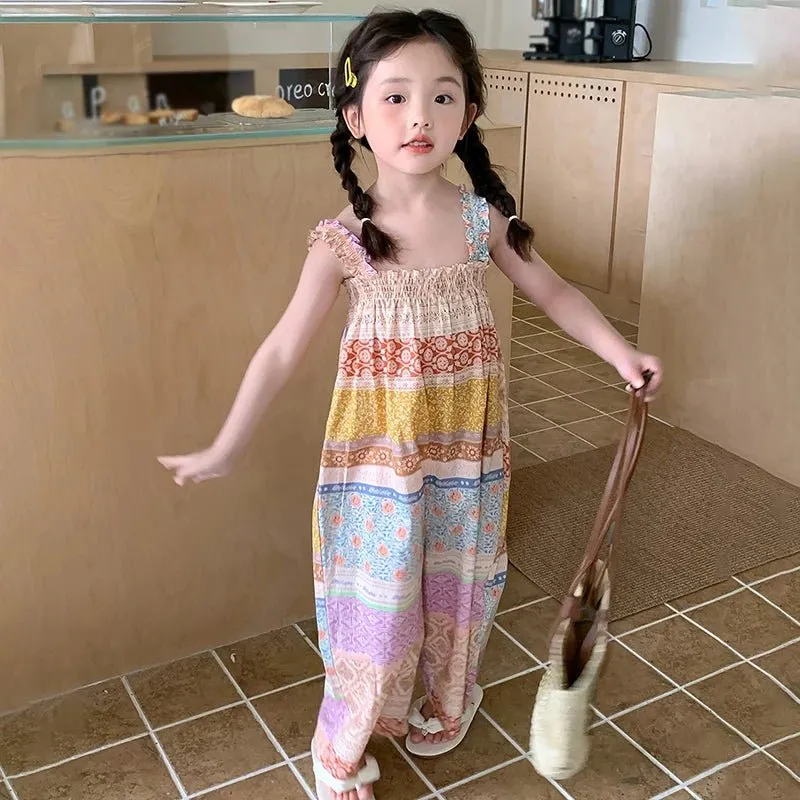 Girls' Bodysuit Korean Style Summer Skin-friendly Breathable 3-8 T Overall Harem Pants Resort Style Beach Suspender Jumpsuit