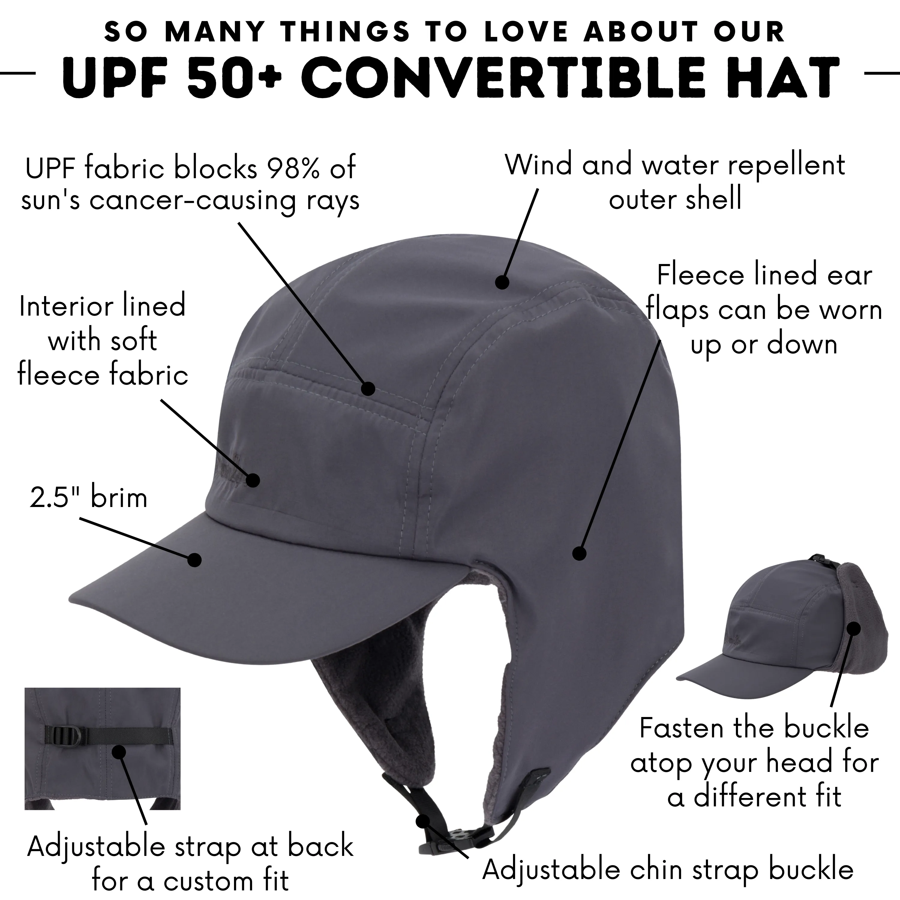 Kids Arctic Chill Winter Convertible Sun Hat - Dark Grey