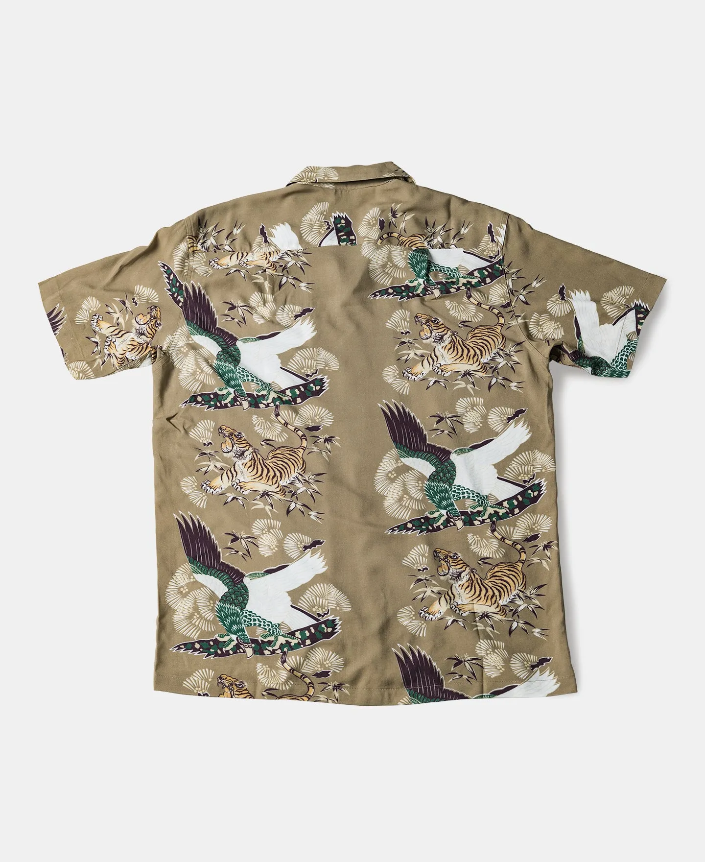 Ukiyo-e Tiger & Crane Pattern Aloha Shirt - Khaki