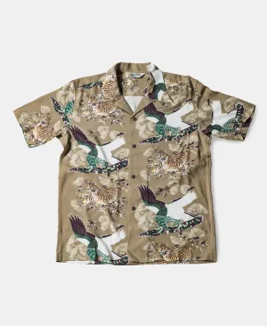 Ukiyo-e Tiger & Crane Pattern Aloha Shirt - Khaki