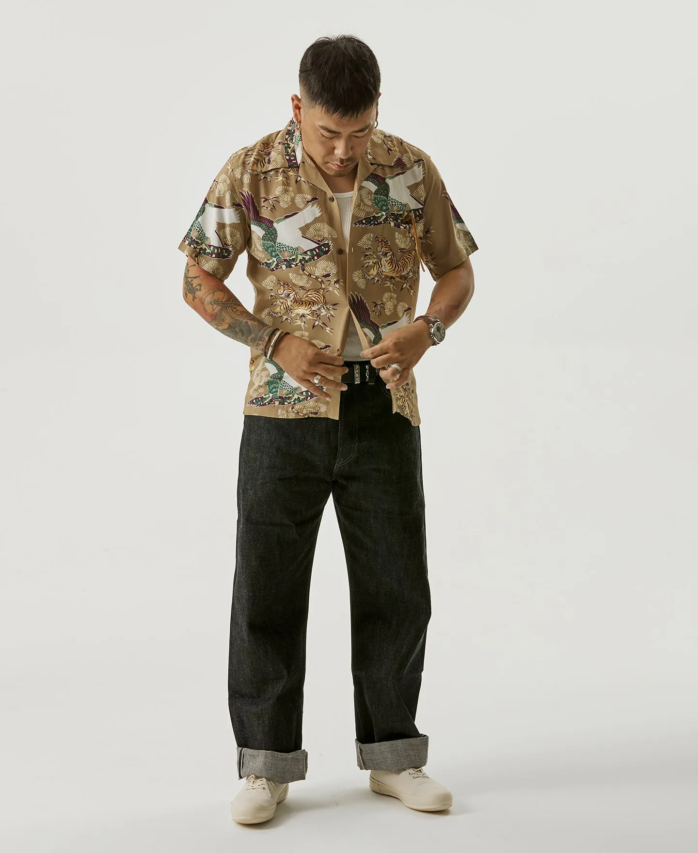 Ukiyo-e Tiger & Crane Pattern Aloha Shirt - Khaki